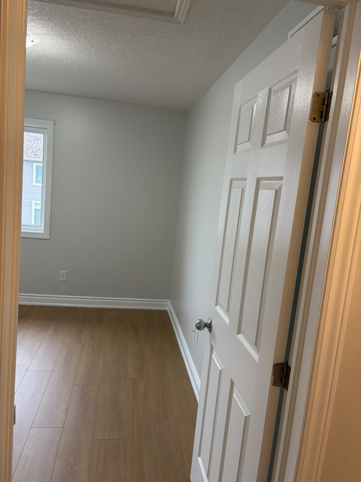 A bedroom door and its casing, painted white against a grey wall