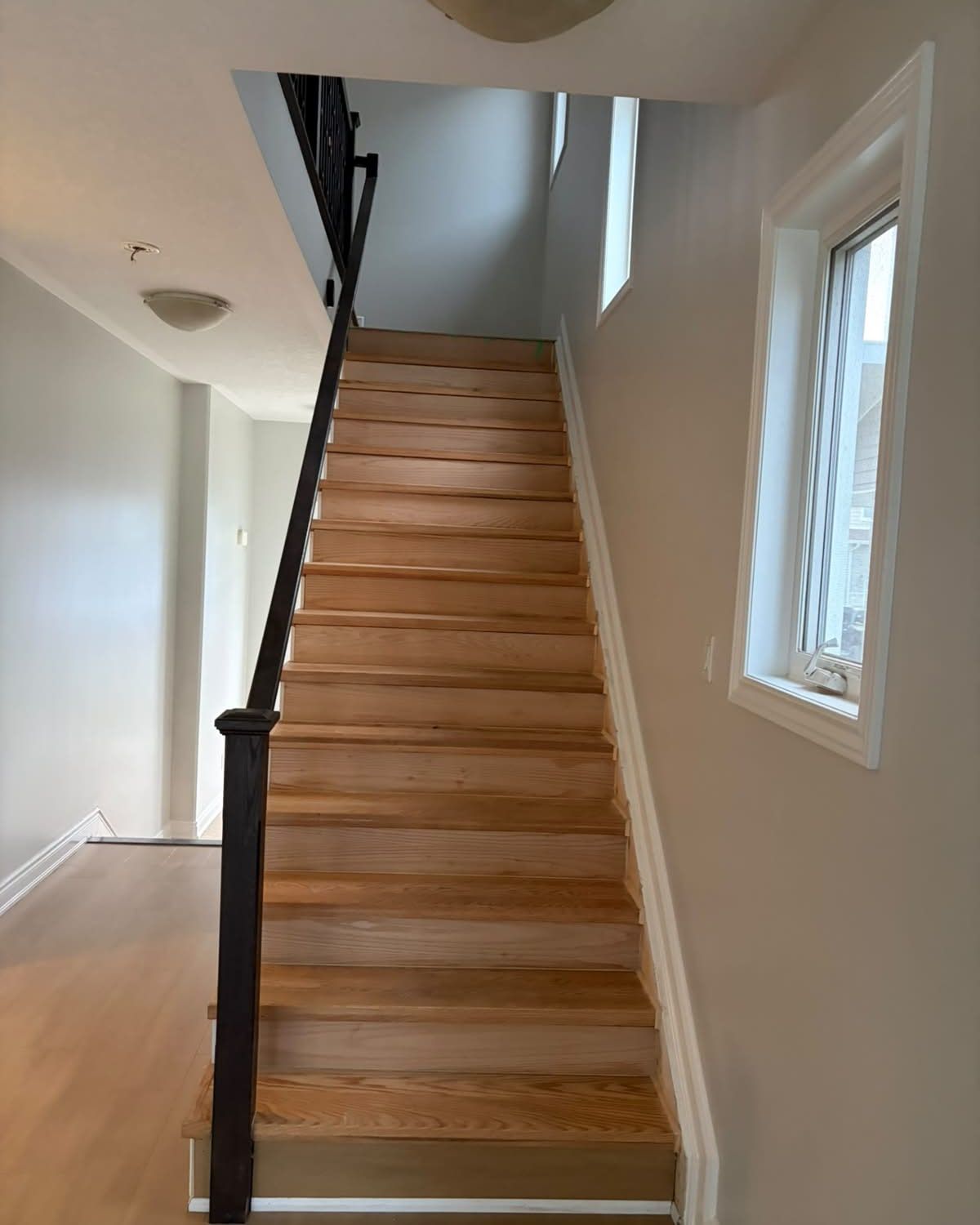 A freshly painted stairwell: light grey walls, white casings and baseboard, hardwood treads and a black spindle railing